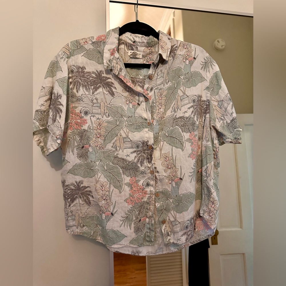 Linen vacation button down top with surfboards and vintage Volkswagen